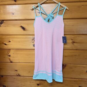 Lauren James Women's Halter Dress Pink/White Stripe Mint Trim Stretch Preppy L